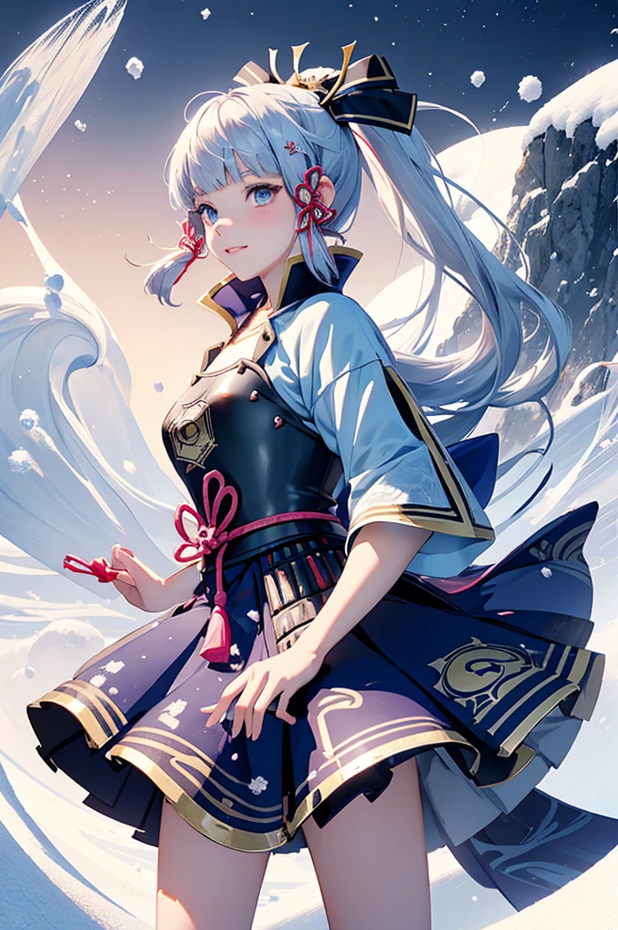 ((kamisatoayakadef)),1 Anime Girl, Warrior, Realistic people,Realistic, beautiful, smile, elegant, Majestic, Splash Art, Particles of light, Diamond Blade, Dynamic pose, ((fan、fanを持っている))((fanを広げる)),milky way, (Fractal Art:1.1),(Ice Flower:1.4), Most detailed,(抽象的なbackground:1.1), (Shiny skin), (Many colors:1.4), Ultra-high resolution,, masterpiece, Accurate, Anatomically correct, texture.(background:snow、snowの街、snowの結晶、Wind、旋Wind)