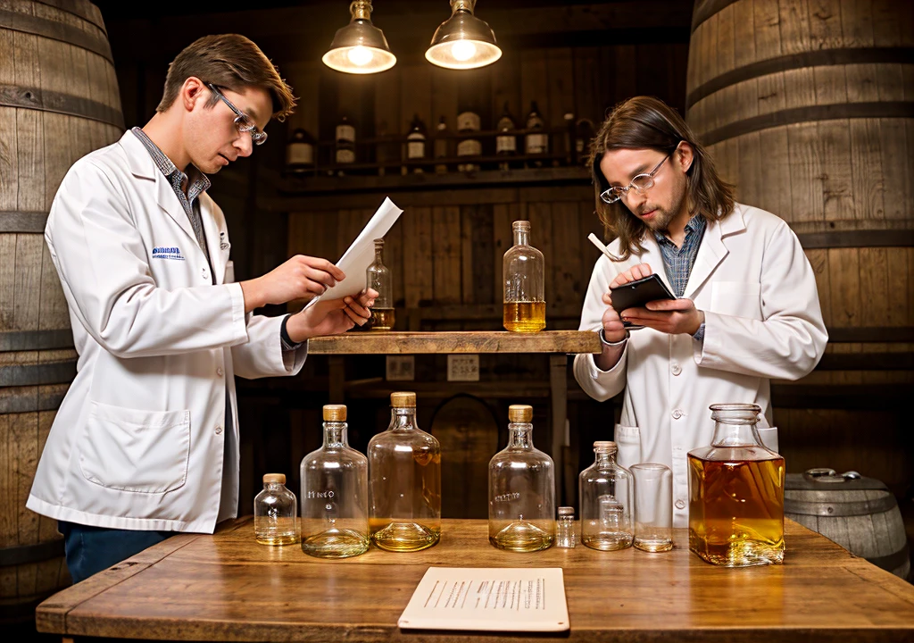 Create a captivating thumbnail. The design should feature an aisle of bourbon barrels on the sides of the image, with science instruments lying on a table setup in the middle. Two male scientists depicted behind a table in the lab, one tasting bourbon and the other taking notes on a clipboard. The scene should convey a blend of rustic distillery charm and scientific exploration. No text needed.