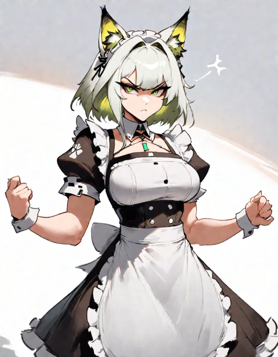 1girl, kal'tsit \(arknights\), arknights \\\\\ masterpiece, best quality, very aesthetic, absurdres, newest \\\\\\ slim body,///// ,by nyantcha,cutesexyrobutts , by khyle,,////// beautiful face, sexy, serious, angry, green eyes, animal ears, big tits,victorian maid
,  solo,maid uniform, (white background:1.2),skirt, black and white clothes