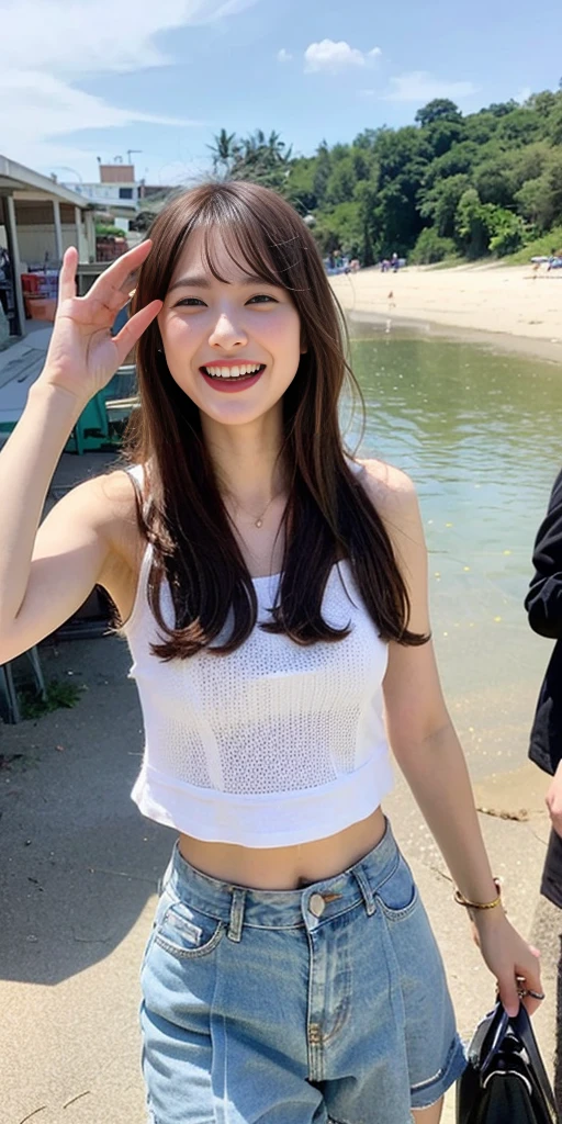 Top quality, one beautiful woman, summer fashion, at beach, Big Laugh