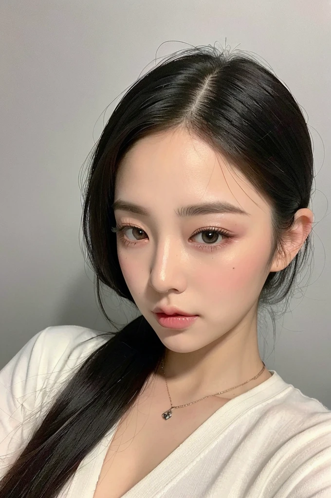 ((best quality, 8K, masterpiece :1.3)), 1 Cute girl, young, Cute and cute face, Black Hair, Tie your hair up, Oversized Boyswear, Aesthetic selfies, Ultra-fine face, Big breasts are extremely perfect, Delicate eyes, Double eyelids, big eyes, Straight nose, Long eyelashes, Detailed eyelashes, V-Shaped Face, Random pose, aesthetic posture, (Random aesthetic background)