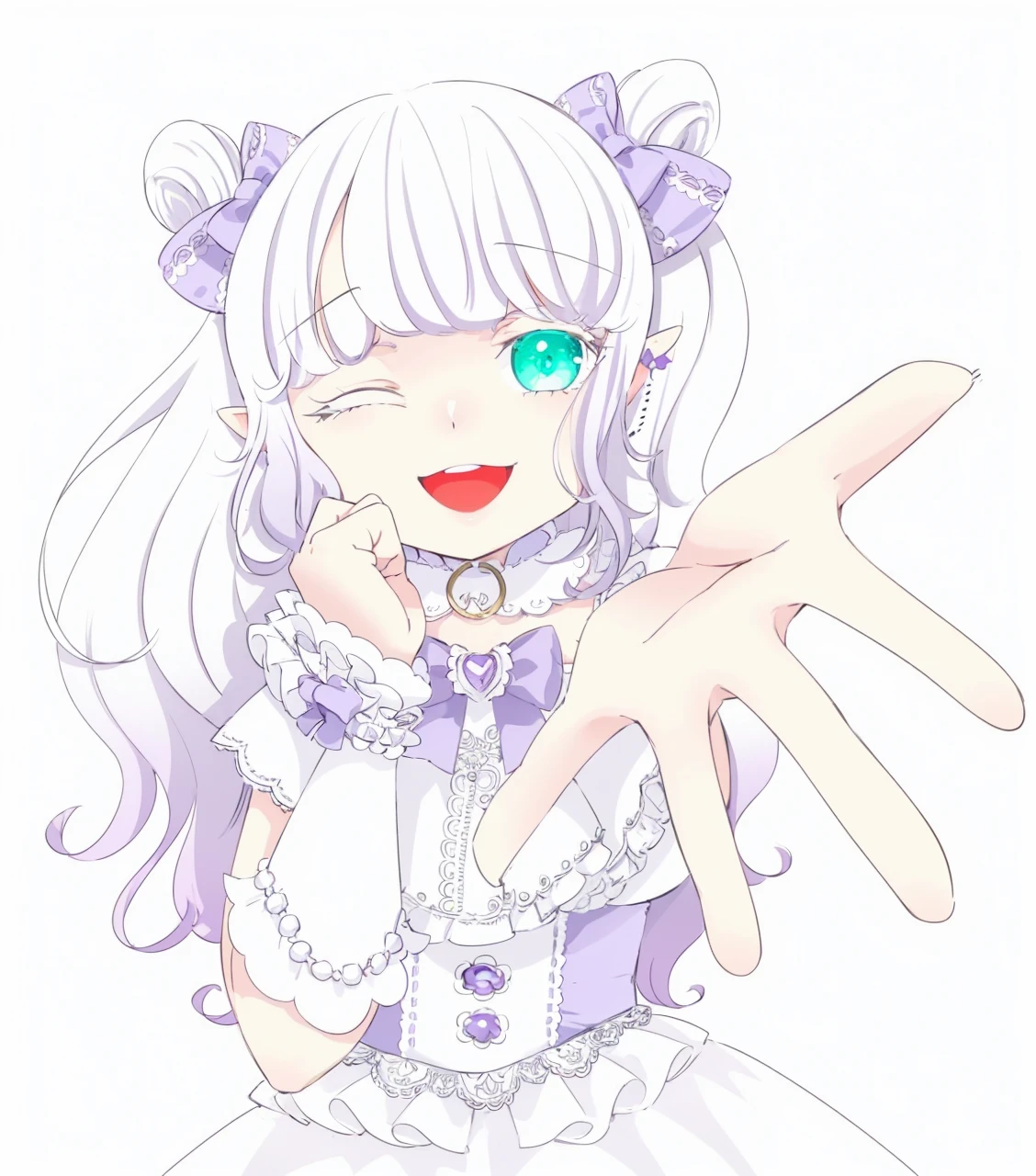 White mini dress,One Girl,Half Twin Tail,Two buns,Elf Ears,Jade green eyes,smile,stage,Idol,Lilac colored hair,Fairy Princess