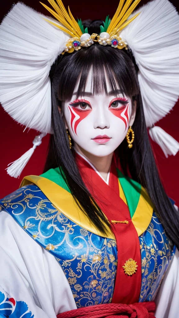 1. spectacular costumes: Kabuki actors in gaudy, colorful costumes. The costumes are gorgeous and colorful. 2.
	Thick makeup: Kabuki actors wear white makeup with distinctive kumadori (shading) on their faces to visually express their roles and emotions. Kabuki actors wear flashy, colorful costumes to visually express their roles and emotions. 3.
	3. unique performance: a performance in which the actor pauses for a moment in a pose to capture the moment of "mie."