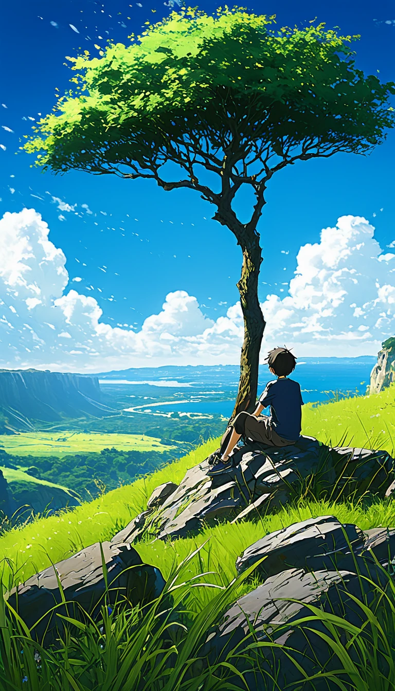 a boy sitting under a tree near a cliff in a meadow , seeing a vast blue sky with fluffy clouds and brush strokes , tall grasses stones, , makoto shinkai cyril rolando, anime art wallpaper 4k, anime art wallpaper 4k, animated background, anime art wallpaper 8K, animated background art, Anime Landscape Wallpaper, amazing wallpaper, HD wallpaper, 4k anime wallpaper, 4k anime wallpaper, Aries Moross art,art by Bob Byerley , AshleyWoodArtAI, greg rutkowski