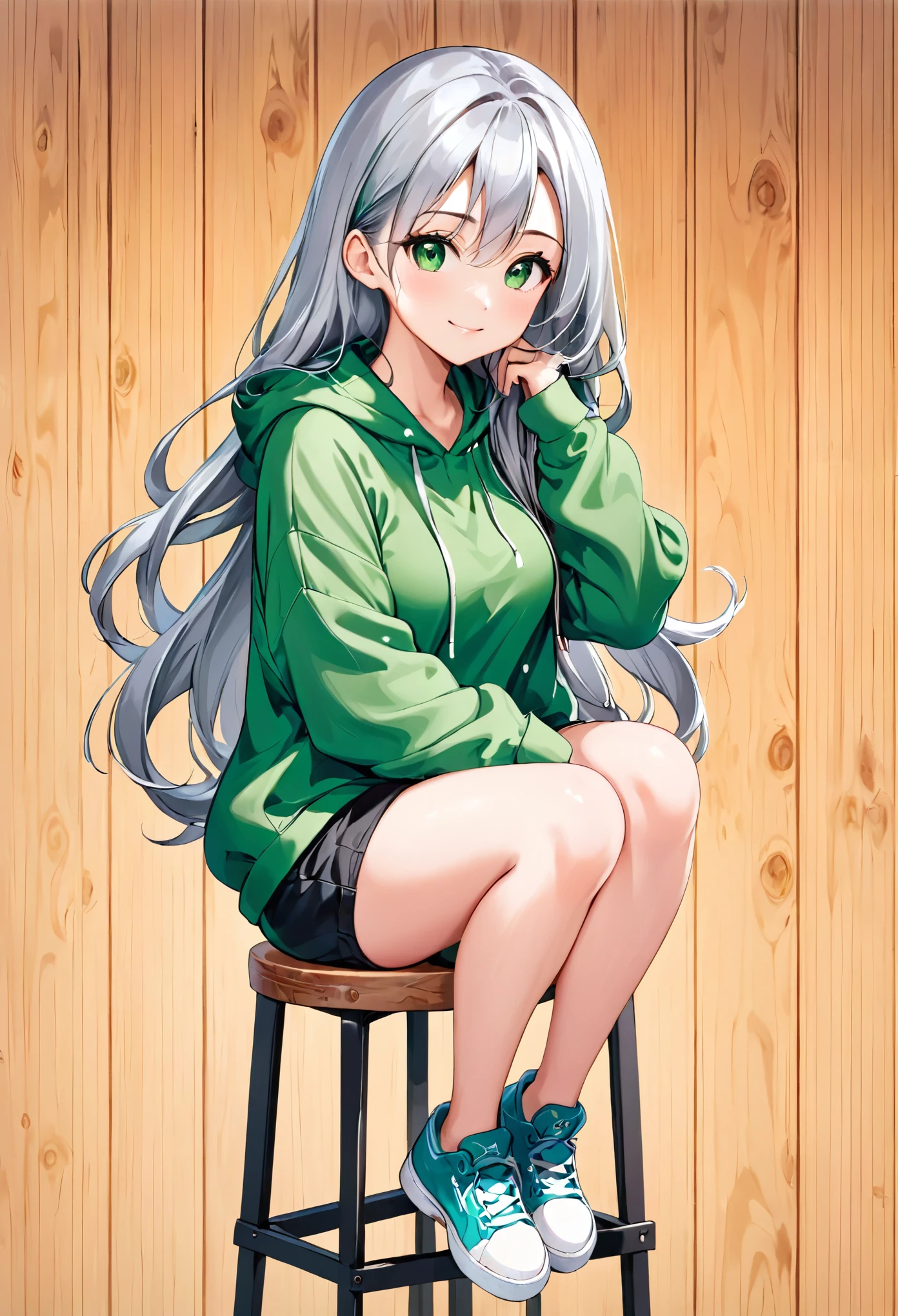 Pretty asian woman, bright silver hair, long hair, green eyes, busty, black shorts and a green hoodie, cute, sitting on a wooden barstool ,empty background, pretty smile, anime style, full body photo, facing to the right