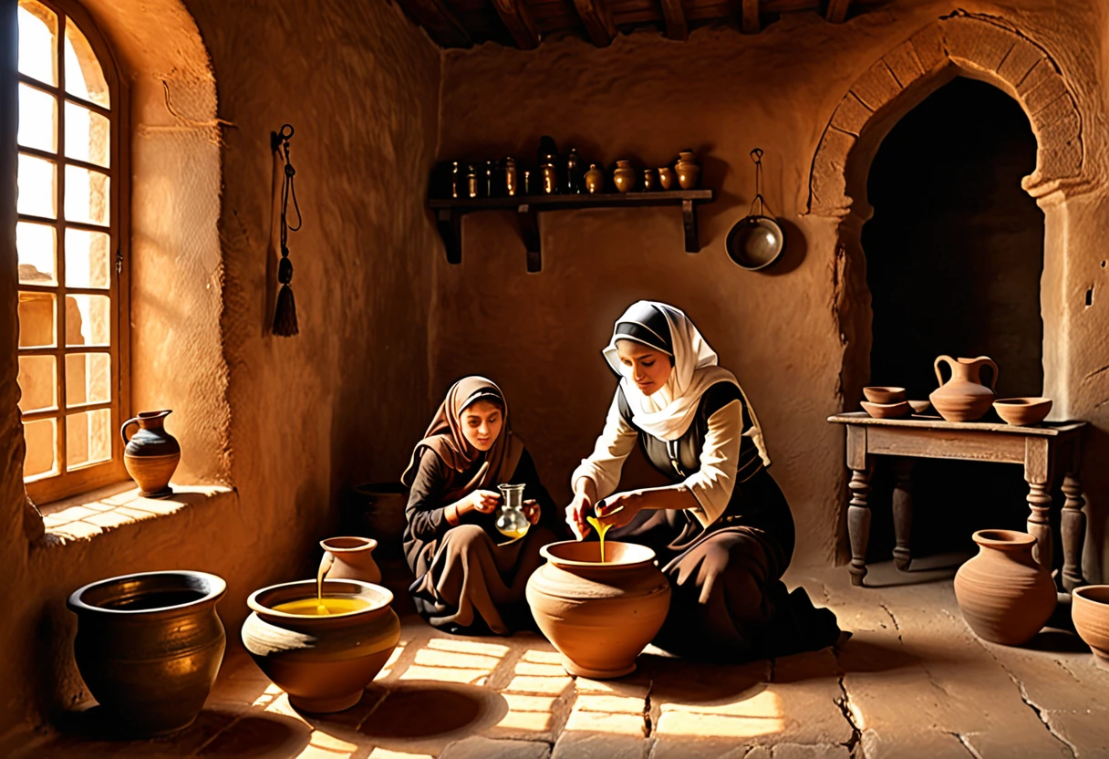 ((widow pouring oil into a vessel beside)), (small by your side watching), (ancient Middle Eastern village), (widow pouring oil from a jar while Elisha looks on), (biblical narrative moment), (modest home with clay walls and simple furnishings), (soft, natural light filtering through a window), (inspired by Rembrandt), (realistic), (digital painting), (historical scene), (earthy tones with highlights of gold and brown), (high resolution, ultra-detailed), (masterpiece quality)