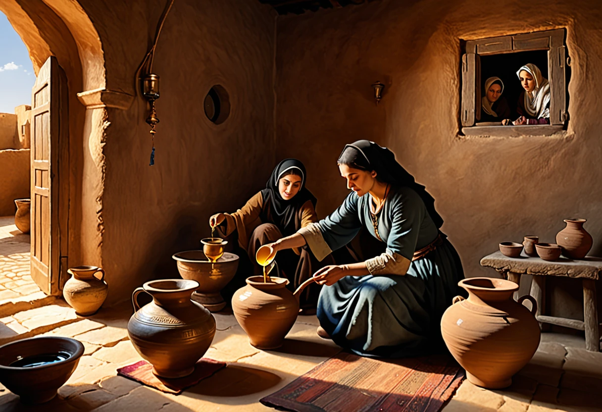 ((widow pouring oil into a vessel beside)), (small  by your side watching), (ancient Middle Eastern village), (widow pouring oil from a jar while Elisha looks on), (biblical narrative moment), (modest home with clay walls and simple furnishings), (soft, natural light filtering through a window), (inspired by Rembrandt), (realistic), (digital painting), (historical scene), (earthy tones with highlights of gold and brown), (high resolution, ultra-detailed), (masterpiece quality)