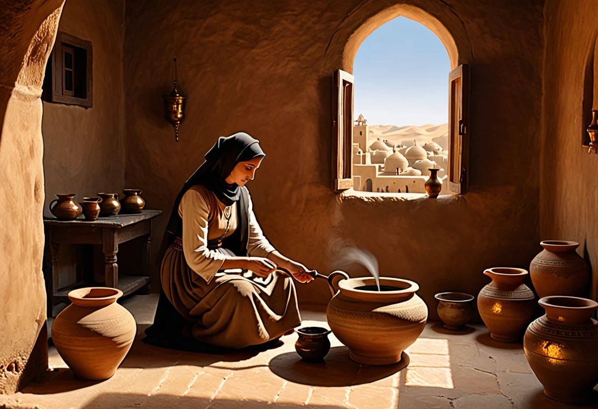 ((widow pouring oil into a vessel beside)), (small  by your side watching), (ancient Middle Eastern village), (widow pouring oil from a jar while Elisha looks on), (biblical narrative moment), (modest home with clay walls and simple furnishings), (soft, natural light filtering through a window), (inspired by Rembrandt), (realistic), (digital painting), (historical scene), (earthy tones with highlights of gold and brown), (high resolution, ultra-detailed), (masterpiece quality)