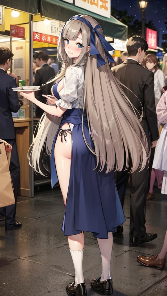 {Highest quality], [Super beautiful], [Ultra fine], [Best illustration], ,Brown Hair, Hime cut, Long Hair, With bangs, girl,high school student,uniform,knit,smile, blush, Slender women, Adult women,Standing posture,(Public),Night Park,Summer festival,diagonal, Navy blue knee socks,Black Loafers、Stripes々、Without skirt、 in full view、From the back