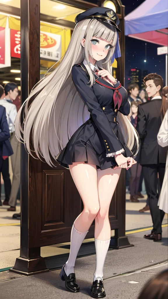 {Highest quality], [Super beautiful], [Ultra fine], [Best illustration], NSFW,Brown Hair, Hime cut, Long Hair, With bangs, girl,high school student,uniform,knit,smile, blush, Slender women, Adult women,Standing posture,(Public),Night Park,Summer festival,diagonal, Navy blue knee socks,Black Loafers、Stripes々Panties、Without skirt、Panties in full view、From the back