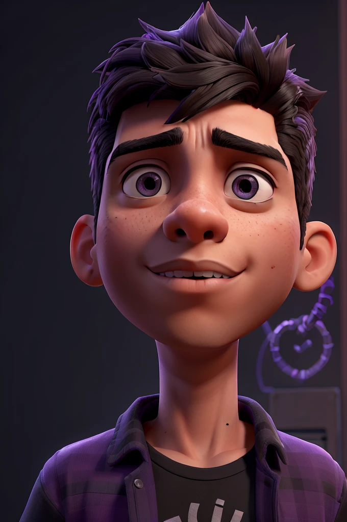 a hispanic boy with short hair in a black shirt, highly detailed vfx portrait, jared aura and wires, amazing lighting effect, extremely moody purple lighting, darksynth character portrait, nft portrait, 8k portrait rendering, epic portrait and stylish, high quality portrait, 8K portrait photo, profile portrait, 3d render