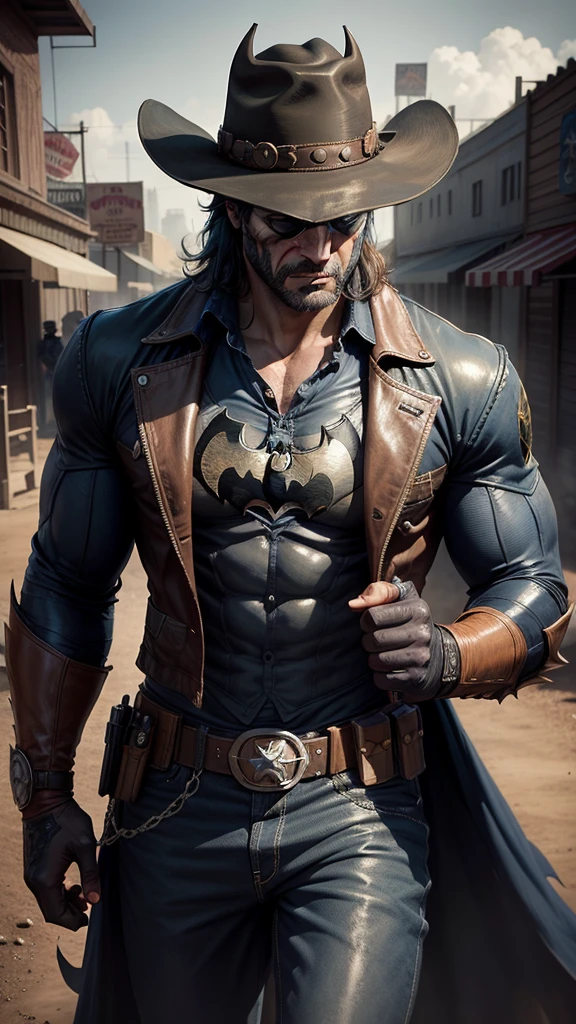 Batman in Wild West style, wearing Cowboys lather clothes, Cowboys hat and bring a pistol, in cowboy city, cinematic, extreem realistic, extreem detailed, extreem Sharp, super high resolution image, best quality photo,
