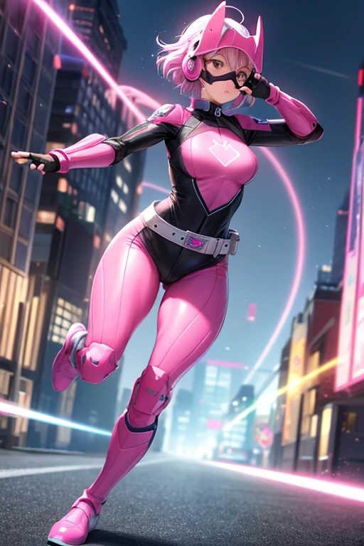 ((best quality)), ((masterpiece)), (detailed), 1 girl, full body, 20s, young adult, eye mask, black helmet that covers her entire head, smooth head, biker helmet, biker helmet with blue headphones on the sides, flashlight on her forehead, short pink hair coming out of her helmet, face, black collar, tall, slim, athletic, circles on her wrists, pink details, black fingerless gloves, pink wristbands, nanotech speedster suit that resembles light armor, blue chest with an emblem, blue chest, black suit with pink lines, pink speed emblem on her chest, pink emblem, blue pants, gray knee pads, metallic pink boots, white superhero belt, running through the city, pink light trail, laser, city background, anime
