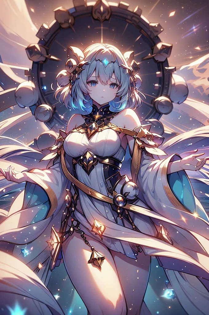 A luminous, ethereal girl hull shimmering with celestial energy. This breathtaking image is a digital painting, expertly crafted to convey a sense of otherworldly beauty.The surrounding space is a sea of twinkling lights, creating a mesmerizing backdrop for this stunning scene. The attention to detail and the overall composition make this image a true masterpiece of science fiction art.
