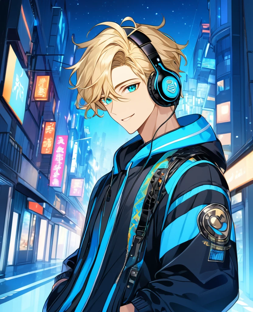  (Blonde_hair),(medium_male_hair), (cyan_vibrant_eyes), (detailed_eyes), (warm_smile), (attractive), (background_colorful_night_city), (male), (detailed_Hair), (detailed), (wears_19's_outfit), (uses_headphones)