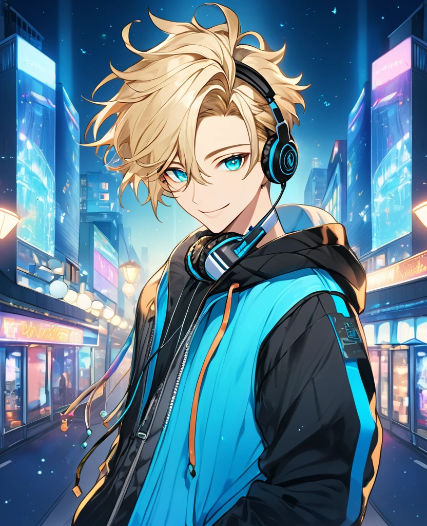 (Blonde_hair),(medium_male_hair), (cyan_vibrant_eyes), (detailed_eyes), (warm_smile), (attractive), (background_colorful_night_city), (male), (detailed_Hair), (detailed), (wears_19's_outfit), (uses_headphones)