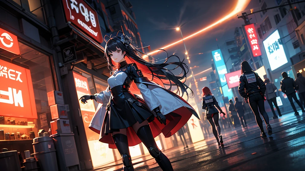 ((​masterpiece, best quality)), 8k wallpaper, mechanical girl, Long hair, Red hair, alone, gown, humanoid robots, cyber punk perssonage, red eye, Show viewers, long sleeve, Building, White gown, mitts, hair ornaments, black jacket, smile, floating hair, closed mouth, looks away, outside, Future science Fiction, Antenna ears, dutch angle, constructivism, optical Ilusion, F/2.8, best quality, retina