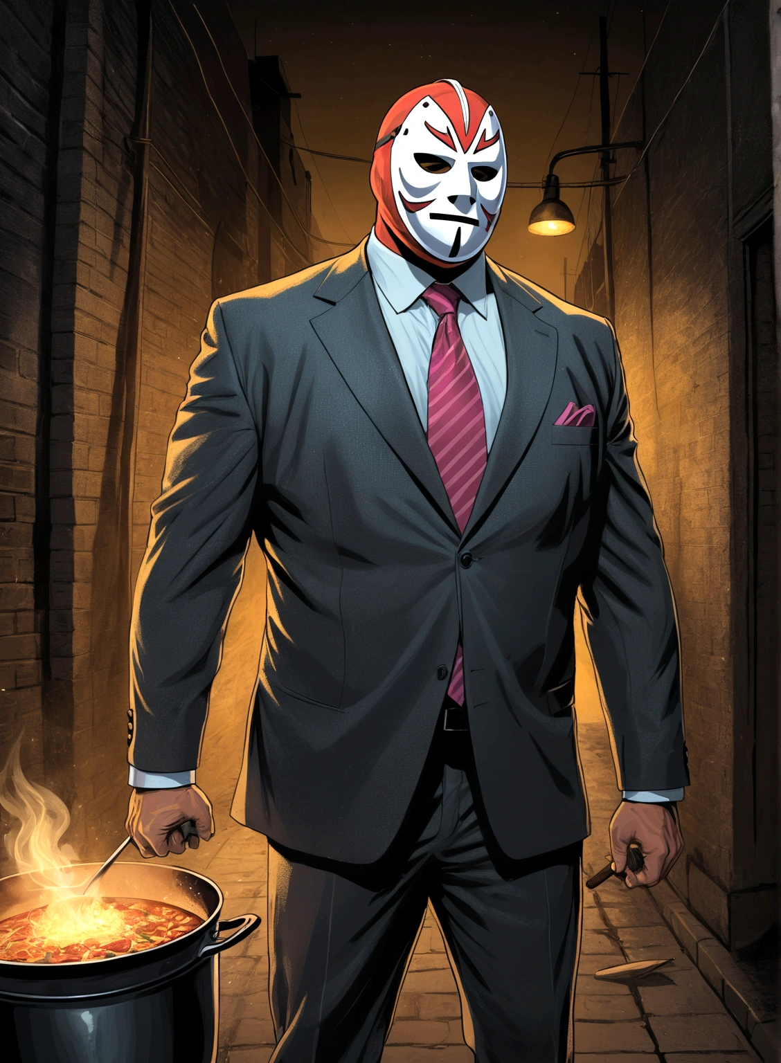 Minimalistic comic artwork of a large man in a business suit, wearing a wrestling mask, cooking in a dark alley, looking back at the camera, crosshatching, 2D, Sharp, Detailed, HD, HDR, High Quality, High Resolution, Masterpiece, single panel