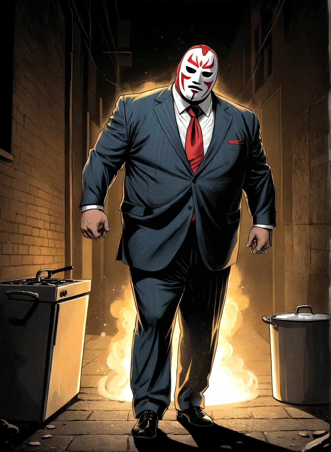 Minimalistic comic artwork of a large man in a business suit, wearing a wrestling mask, cooking in a dark alley, looking back at the camera, crosshatching, 2D, Sharp, Detailed, HD, HDR, High Quality, High Resolution, Masterpiece, single panel
