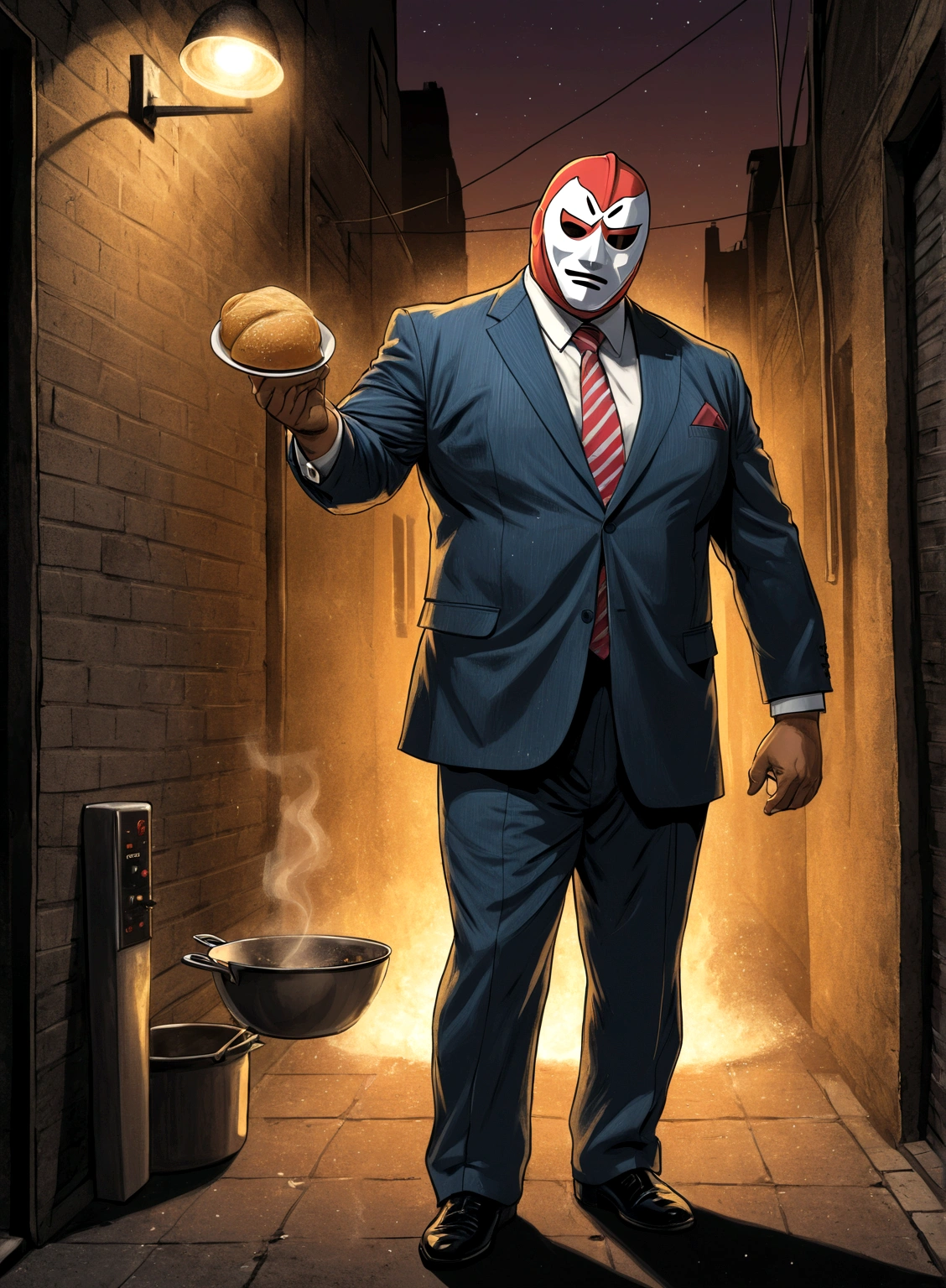 Minimalistic comic artwork of a large man in a business suit, wearing a wrestling mask, cooking in a dark alley, looking back at the camera, crosshatching, 2D, Sharp, Detailed, HD, HDR, High Quality, High Resolution, Masterpiece, single panel