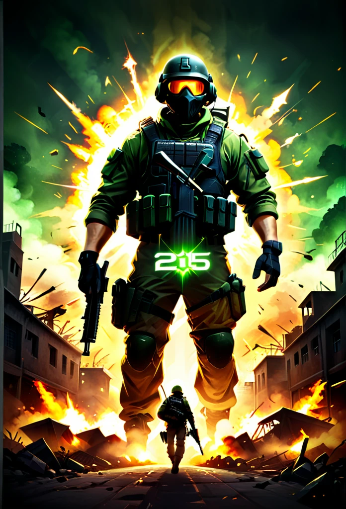 Prompt: Create a celebratory poster for the 25th anniversary of the Counter-Strike franchise, a game created by Valve that has significantly impacted the history of first-person shooters (FPS). The poster should have a dynamic and visually striking design, highlighting iconic elements from the game series.

Style and Details:

	•	Central focus on a group of classic Counter-Strike characters in dynamic action poses, including counter-terrorists and terrorists.
	•	Background featuring a montage of iconic maps and locations from various iterations of the game, such as Dust II, Nuke, and Inferno.
	•	Use of bold and vibrant colors, including the signature Counter-Strike palette of greens, yellows, and blacks.
	•	Incorporate the Counter-Strike logo prominently, along with the Valve logo, emphasizing the game’s developer.
	•	Include a large “25 Years” text in a modern, sleek font to mark the anniversary.
	•	Elements of explosions, bullet casings, and tactical gear to add intensity and excitement to the composition.
	•	High-quality, ultra-detailed rendering with a mix of realism and stylized graphics that reflect the evolution of the game’s visuals over the years.
	•	Include the tagline “Celebrating 25 Years of Tactical Excellence” at the bottom of the poster.

Additional Elements:

	•	Subtle references to key moments and achievements in the game’s history.
	•	Incorporate dynamic lighting and shadow effects to create depth and drama.
	•	The overall style should evoke a sense of nostalgia while also looking forward to the future of the franchise.

Example Layout:

	•	Central characters in action at the forefront.
	•	Background montage of maps and locations.
	•	Prominent “25 Years” text and logos.
	•	Tagline at the bottom.
	•	Explosions, bullet casings, and tactical gear elements throughout.