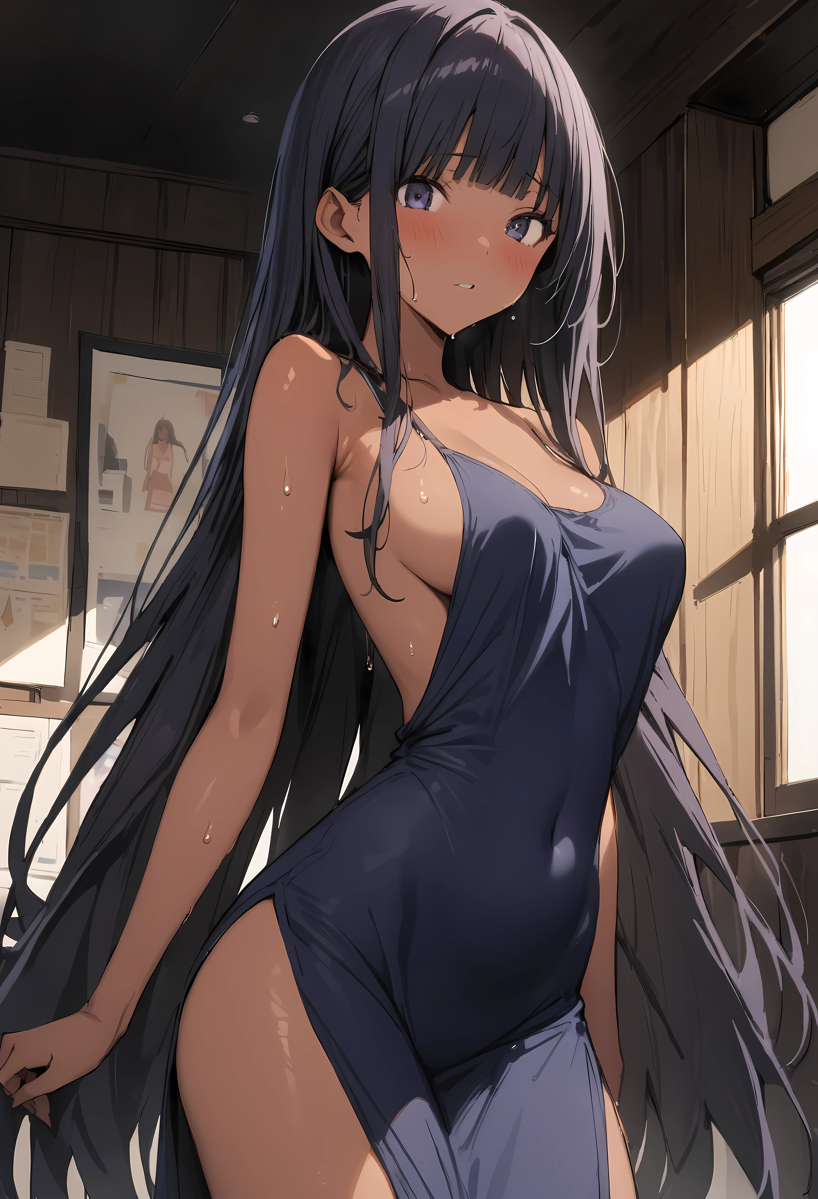 (((masterpiece, Highest quality:1.5,absurdres))),30 year old beauty,(dark blue hair),((very small head:1.2)),long hair,bangs,dark blue eyes,gorgeous eyes,blush、,,((very long body:1.4)),((toned body,slender body)),skinny,((tan skin:1.4)),gleaming skin,shiny skin,sweat,((Navy blue camisole、、navel、Navy blue pleated 、A rolled up skirt、spread ,、),Navy blue sneakers、kneeling,:1.3,library、Tokyo、