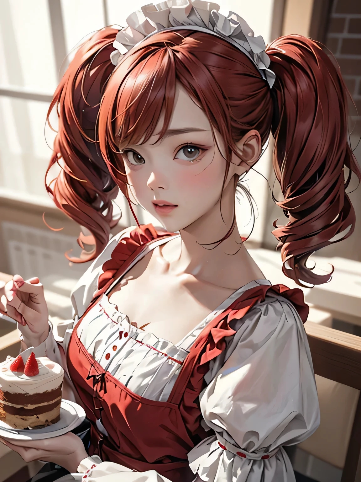 a 16 year old redheaded girl with twin tails,gentle expression,strawberry-themed gothic lolita maid costume,serving cake on a tray at a coffee shop,white-themed outfit,best quality,4k,8k,highres,masterpiece:1.2,ultra-detailed,realistic,photorealistic,photo-realistic:1.37,HDR,UHD,studio lighting,ultra-fine painting,sharp focus,physically-based rendering,extreme detail description,professional,vivid colors,bokeh,portrait