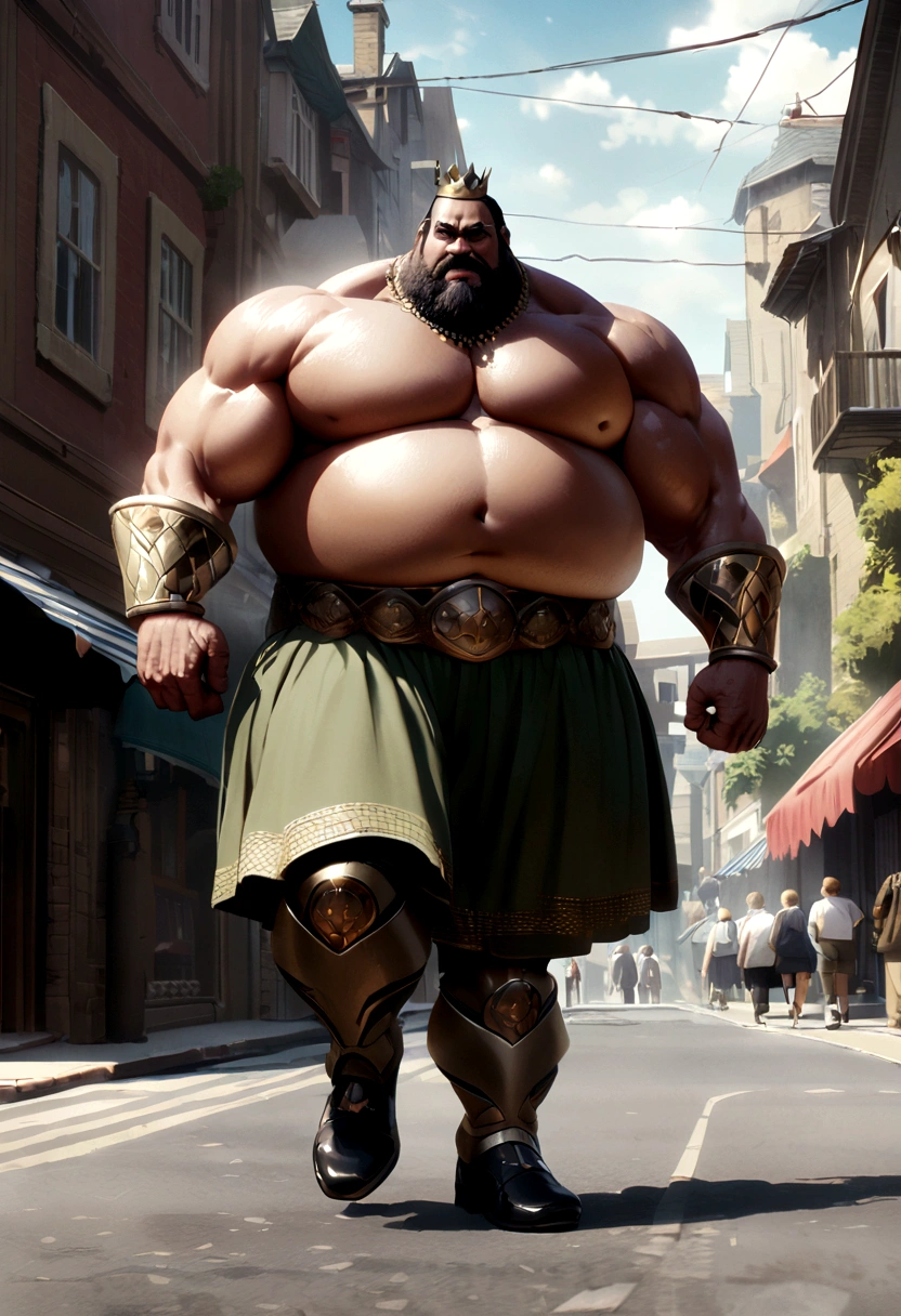 Very fat king walking down the street( Shirtless)