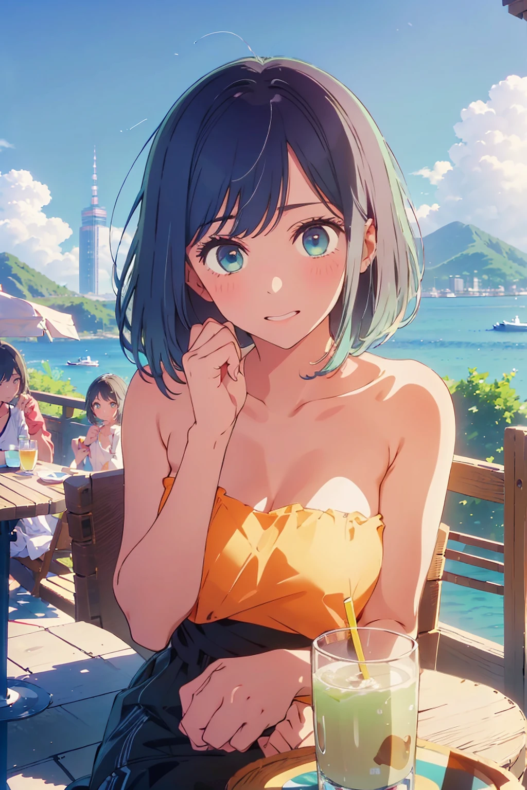 (Highest quality:1.4、8K:1.4、detailed)、F cup bust、Big Breasts、Slim body、Very white beautiful skin、((((1 person、Surprised expression、sit、Chair、In the background are the urban buildings of Tokyo、looking at the camera、Outdoor café terrace、coastal、Navy hair color、juice、Shooting up close、table、Very cute face))))、((((nude、Areola))))、(One hand touching cheek pose:1.4)、Nipples、Very blue sky、A completely cloudless sky