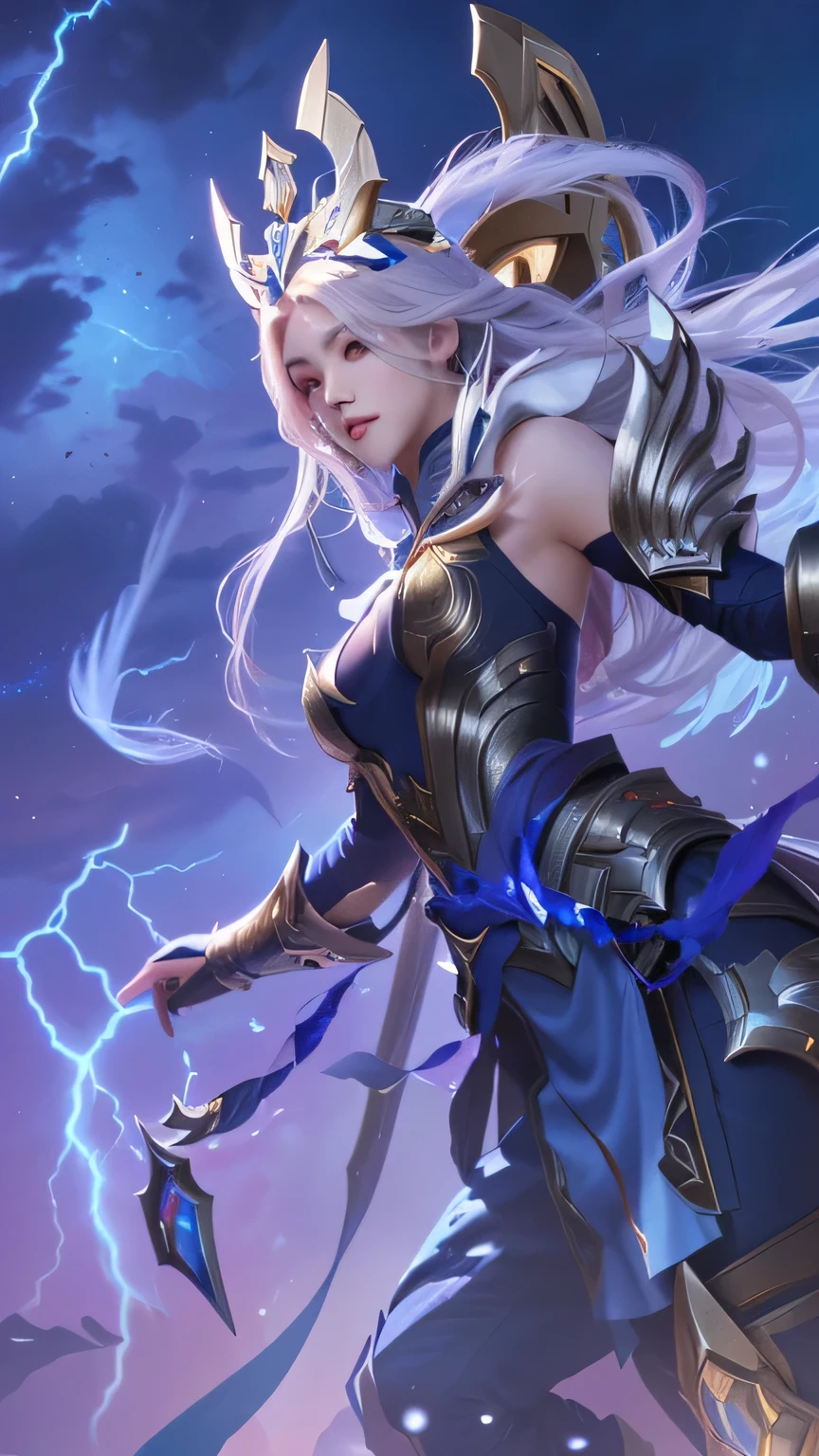 a close up of a woman with a sword and armor, irelia, ashe, mobile legends, official splash art, beautiful celestial mage, inspired by Ju Lian, splash art, astri lohne, maya ali as a lightning mage, goddess of lightning, extremely detailed artgerm, heise jinyao, artgerm detailed, inspired by Lan Ying