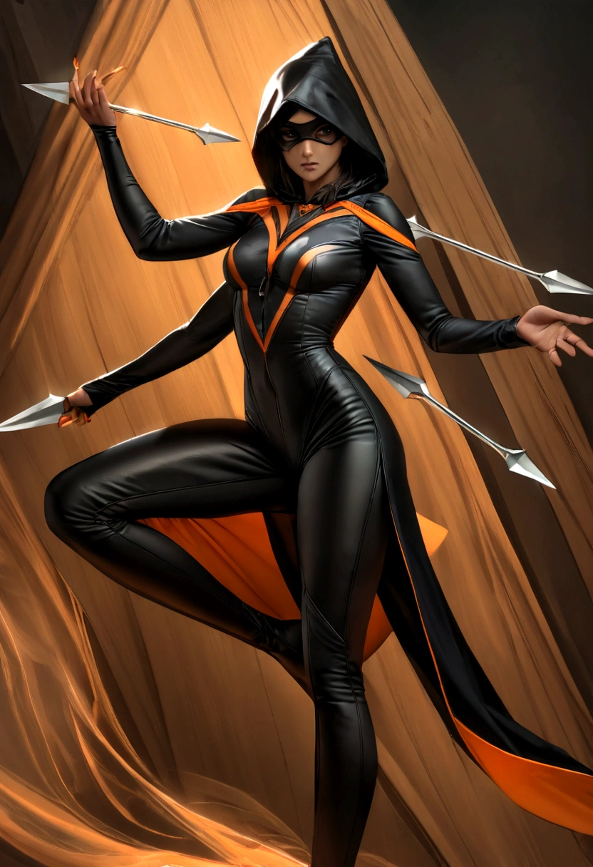 lean, agile female with long flowing black hair, dark tan skin, bright black eyes, aesthetic, and high cheekbones. She excels as a master of disguise, an exceptional acrobat, and an expert with throwing knives, with skills in stealth and silent movement. Her costume includes a black bodysuit with orange patterns mimicking flowing smoke, a sleek black mask covering the lower half of her face, a black hood with an orange lining, and a set of throwing knives and a collapsible staff in black and orange. Geographic Data in Detailed Hyper-Realism Photoshoot Style