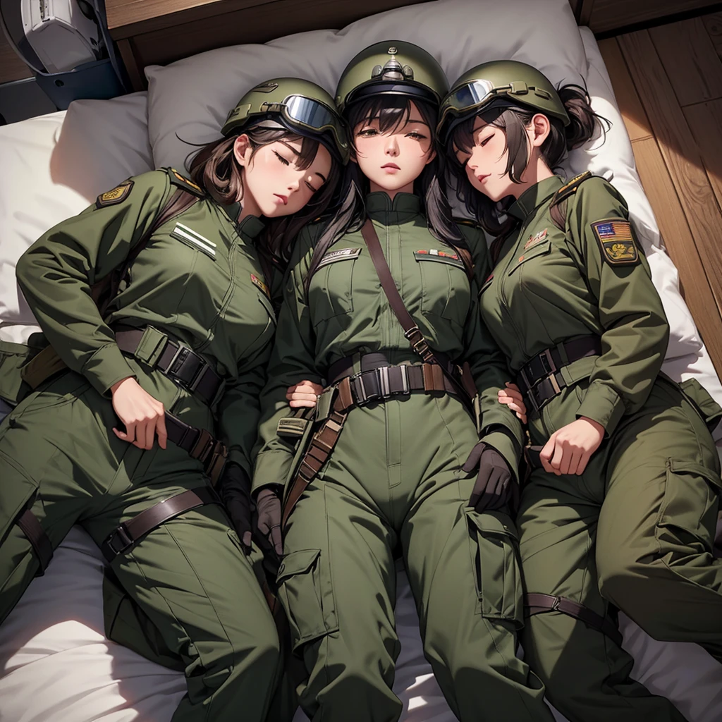 Top view、Three female soldiers in helmets sleeping、 Wearing M-51 military uniform 、Goggles、Military Pants、See the crotch、Write details、masterpiece、best quality、Highly detailed CG、8K picture quality