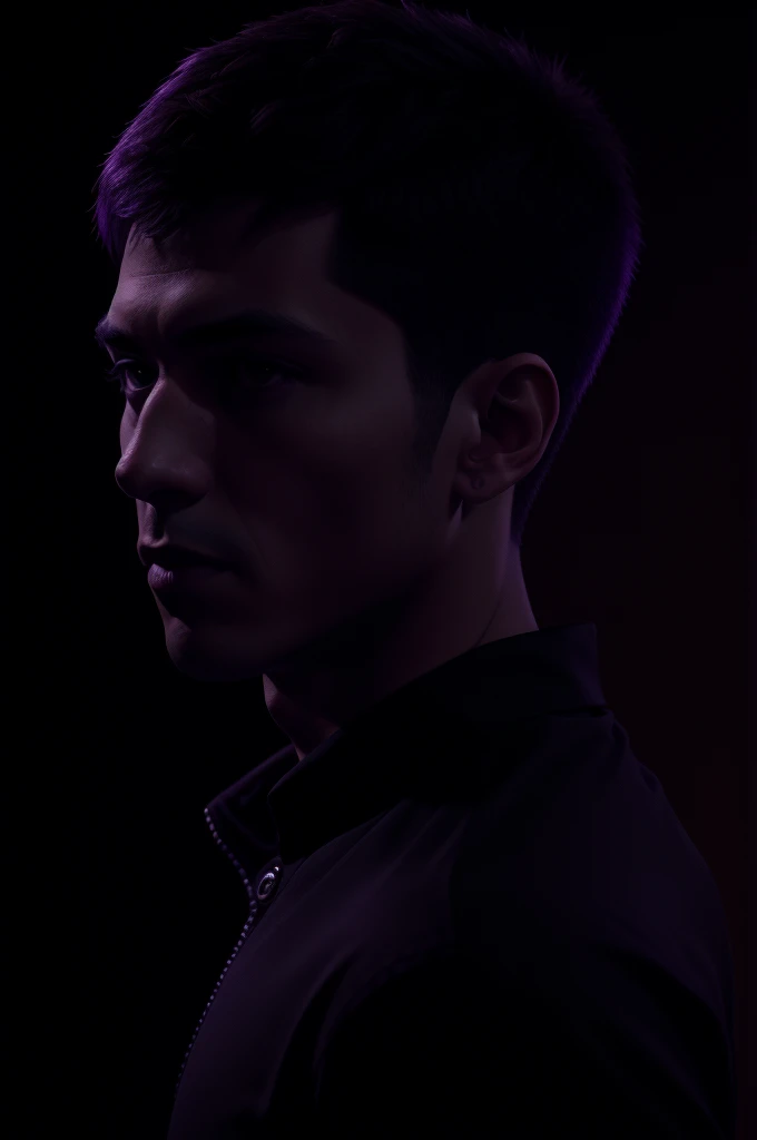 a hispanic boy with short hair in a black shirt, highly detailed vfx portrait, jared aura and wires, amazing lighting effect, extremely moody purple lighting, darksynth character portrait, nft portrait, 8k portrait rendering, epic portrait and stylish, high quality portrait, 8K portrait photo, profile portrait, 3d render
