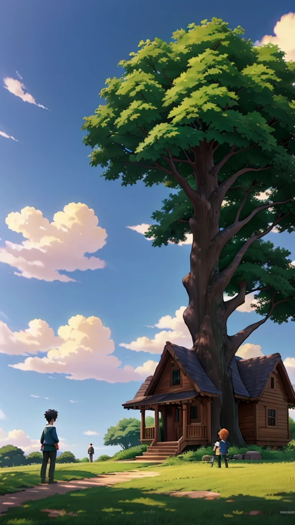 a painting of a tree and a boy stand near the tree and a house in the sky by Makoto Shinkai, cgsociety, neo-romanticism, anime aesthetic, wallpaper, anime
