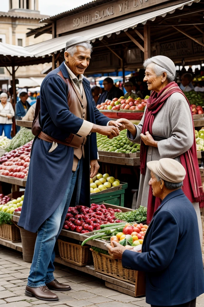 Young man and old woman selling in a market square