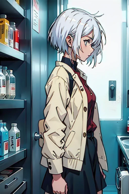 Girl with short white hair small and really skinny, holding pill bottle, manga page with panels and dialogue    