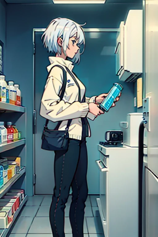 Girl with short white hair small and really skinny, holding pill bottle, manga page with panels and dialogue