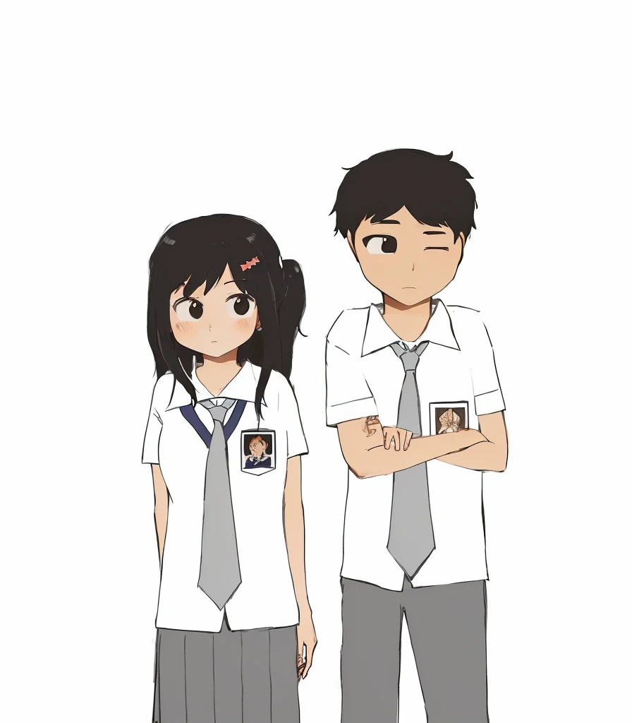 cartoon of a boy and girl in school uniforms standing next to each other, wearing school uniform, wearing a school uniform, jk uniform, , wearing japanese , two characters, japanese , boy and girl, with two characters, japanese high school, school class, in anime style, standing in class, girl wearing uniform, uniform background