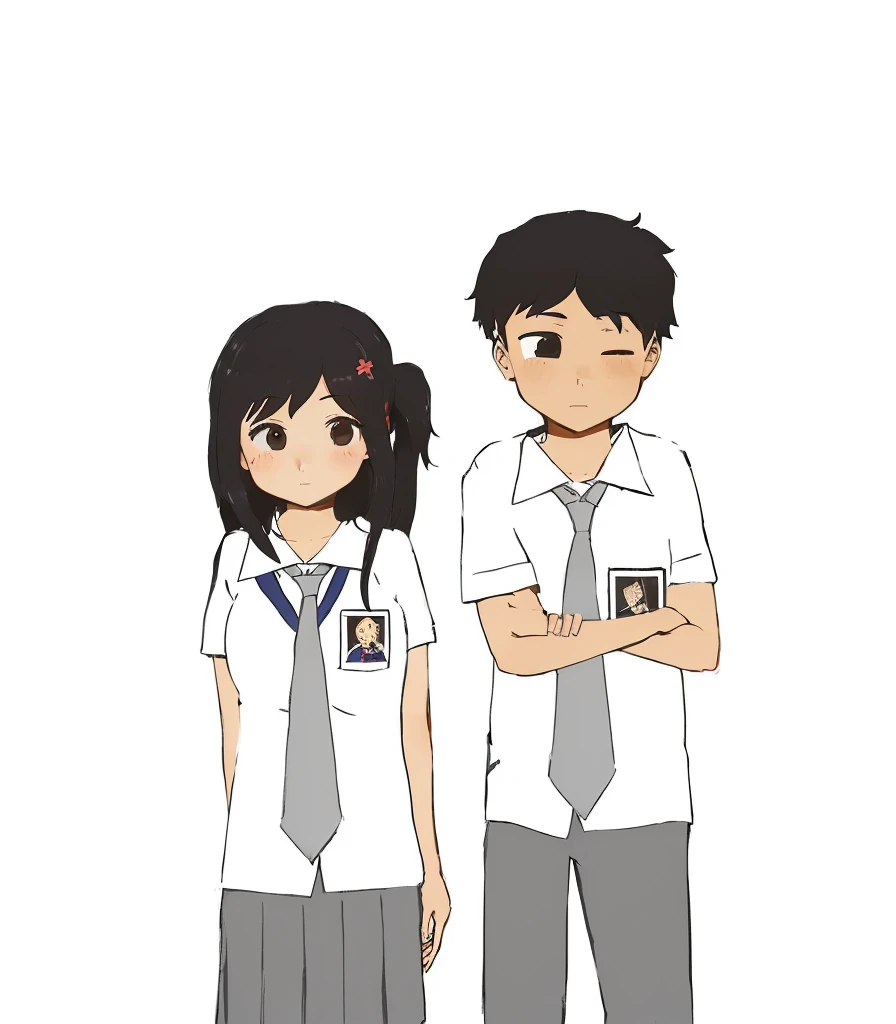 cartoon of a boy and girl in school uniforms standing next to each other, wearing school uniform, wearing a school uniform, jk uniform, , wearing japanese , two characters, japanese , boy and girl, with two characters, japanese high school, school class, in anime style, standing in class, girl wearing uniform, uniform background