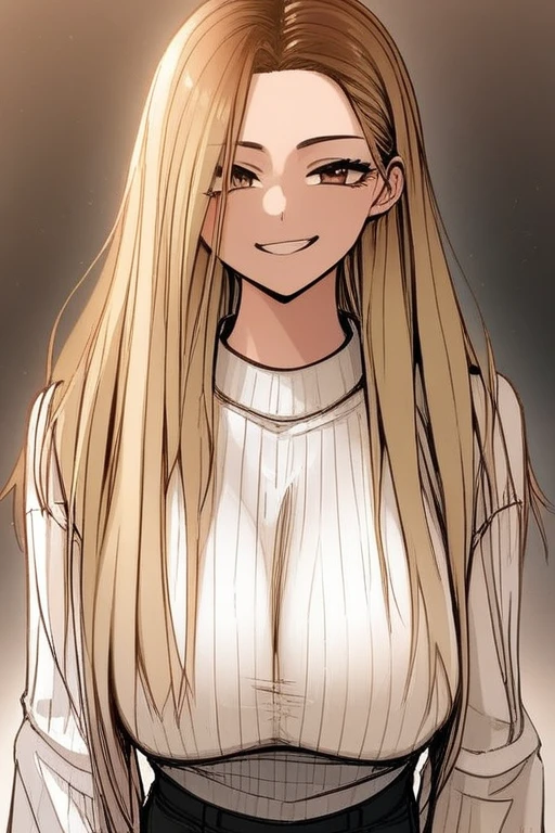 score_9, score_8_Excellent, score_7_Excellent, Hello、he, Brown eyes, blonde, Multicolored Hair, Long Hair,Long sleeves Round neck,White ribbed camisole、Black shorts、Are standing,Big Breasts、One Girl、smile、((Take off your clothes))、Bra is visible