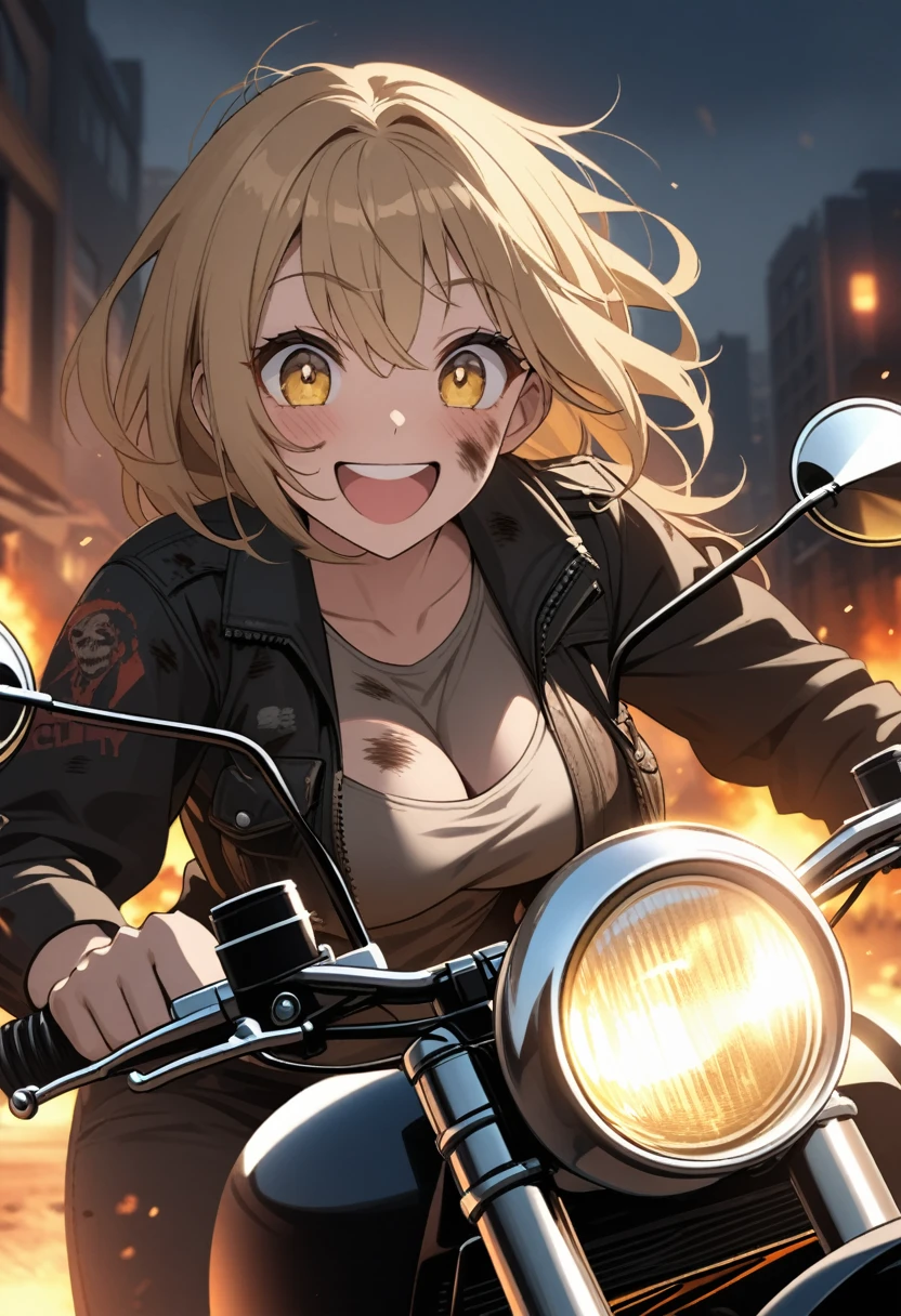 Golden hair, golden eyes with black pupils, woman, cruiser motorcycle, big chest, motorcycle goggles, happy, big smile, dirty, burning city at night, zombie apocalypse, tattered black streetwear, speeding, highly detailed, perfect eyes, well defined eyes, highly detailed eyes, expressive eyes