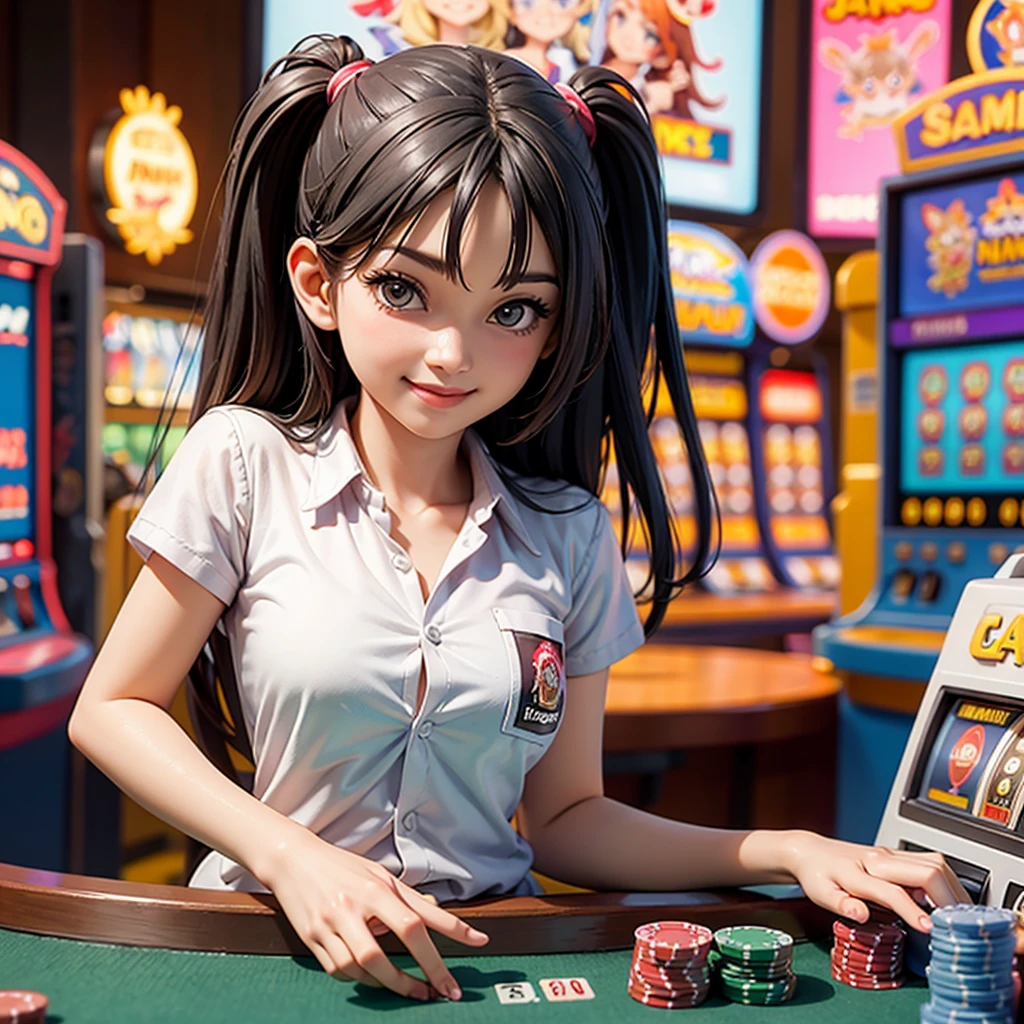 happy and smile, indonesian girl wearing high , in slot machines casino, ng you, looking at you,