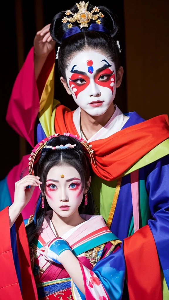 1. spectacular costumes: Kabuki actors in gaudy, colorful costumes. The costumes are gorgeous and colorful. 2.
	Thick makeup: Kabuki actors wear white makeup with distinctive kumadori (shading) on their faces to visually express their roles and emotions. Kabuki actors wear flashy, colorful costumes to visually express their roles and emotions. 3.
	3. unique performance: a performance in which the actor captures the moment of "mie," the moment when he or she pauses in a pose.　Boldly exaggerated.
