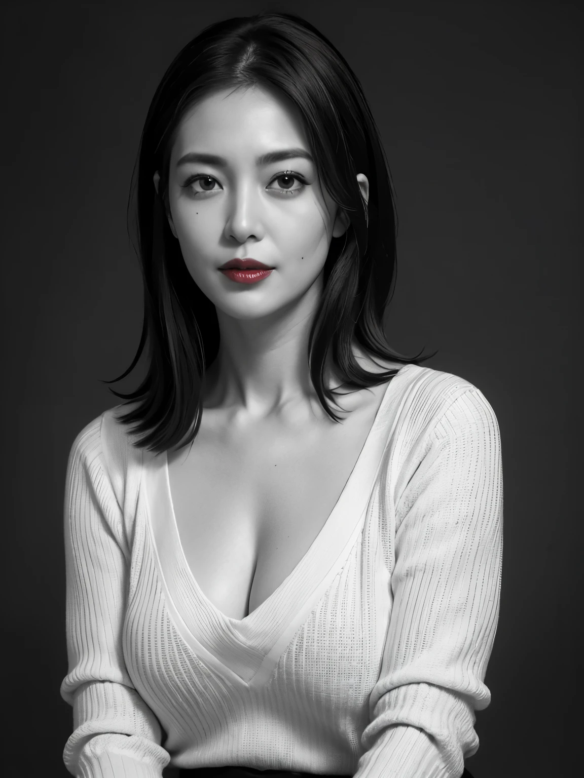 Tabletop, Highest quality, Realistic, Very detailed, finely, High resolution, 8k wallpaper, RAW Photos, Professional, High level of detail, 1 Girl, ((((Black and white photography)))), (((Red lips))), ((Looking into the camera)), (((Look forward))), Upper Body, Bob Hair, (Straight hair), Shapely breasts, Cleavage, V-neck light knit sweater