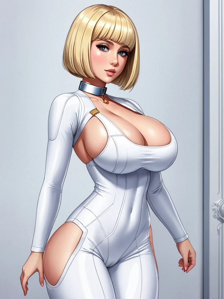 masterpiece, white , full body shot, , , gorgeous woman, clone, barcode, blonde, slave collar, 1girl, bobcut