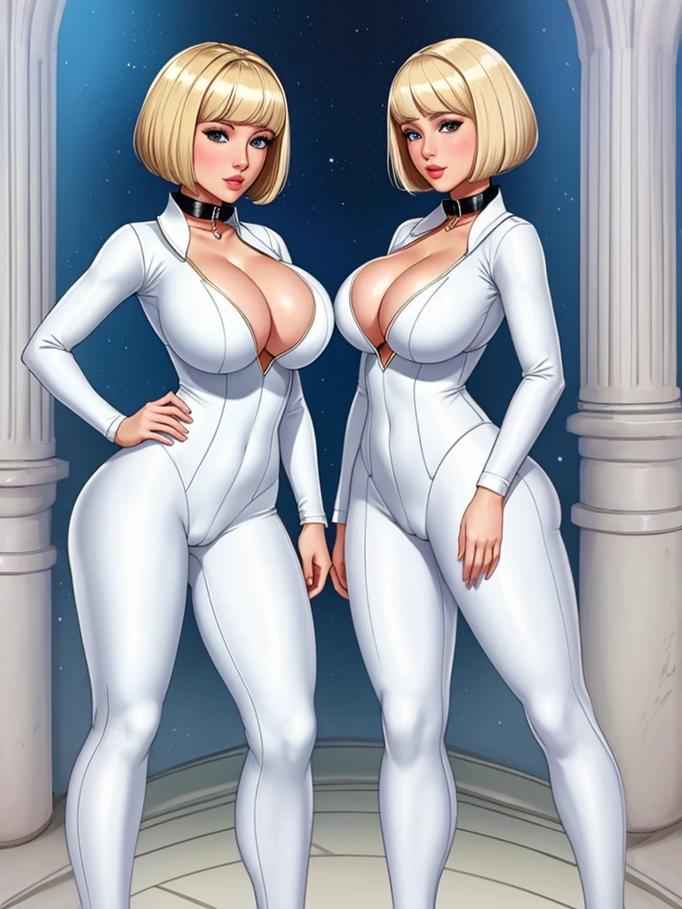 masterpiece, white , full body shot, , , gorgeous woman, clone, barcode, blonde, slave collar, 1girl, bobcut