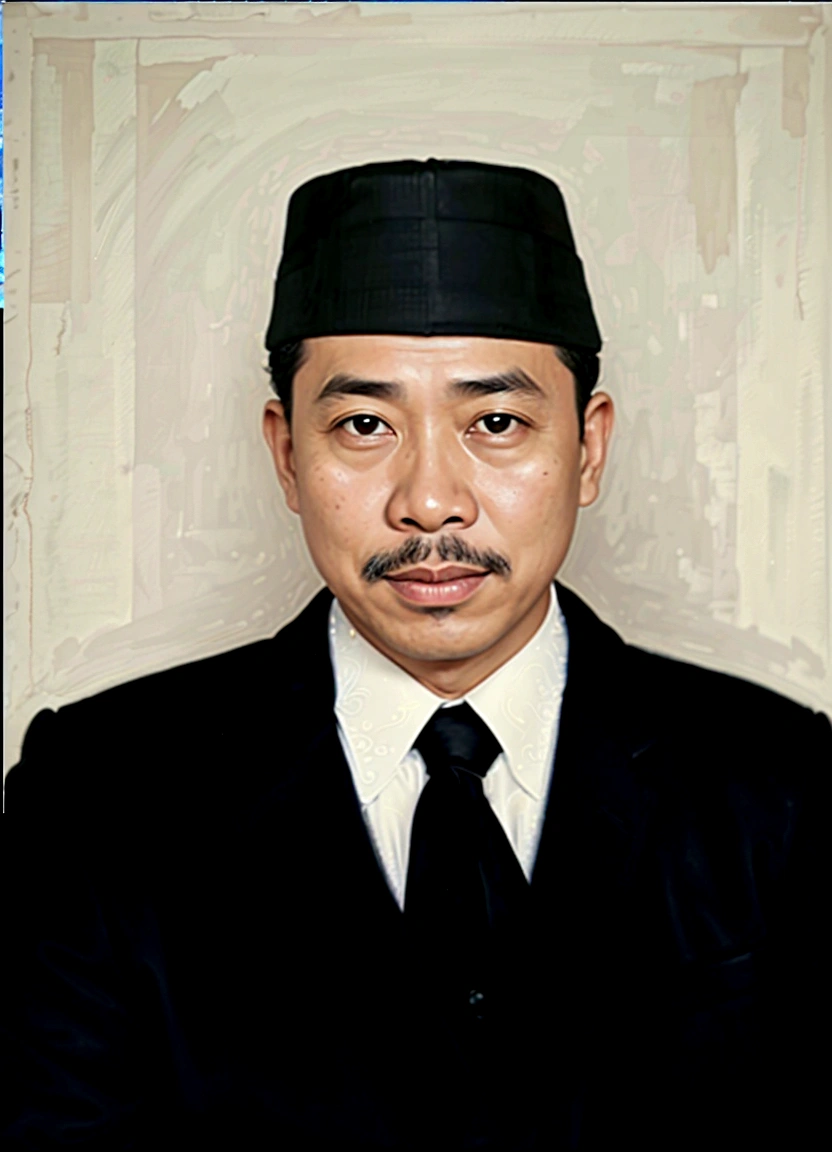 there is a man in a black suit and a black hat, inspired by I Ketut Soki, inspired by Basuki Abdullah, raden saleh, full protrait, by I Ketut Soki, ramil sunga, digital art but photo, jokowi, academy headmaster, mohamed chahin, photoshopped, inspired by Bohumil Kubista