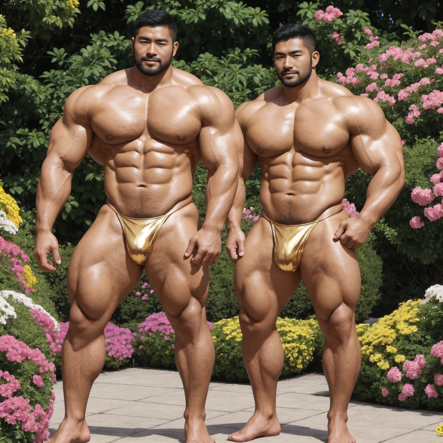 There is only one handsome Asian actor in the picture,30 years old,Tall and handsome, Toned body,short hair, O-Shaped Beard,Perfect body, Dark skin,Glowing skin,Smooth skin,The body is hairless,Muscle bulge, Muscular, Very large pectoral muscles,Very sexy abdominal muscles,Very well-developed leg muscles,Huge concave and convex area,Brightens oily skin,Wearing a gold leather shiny thong,Handsome face, Correct and accurate male body proportions, Stand among the flowers。
