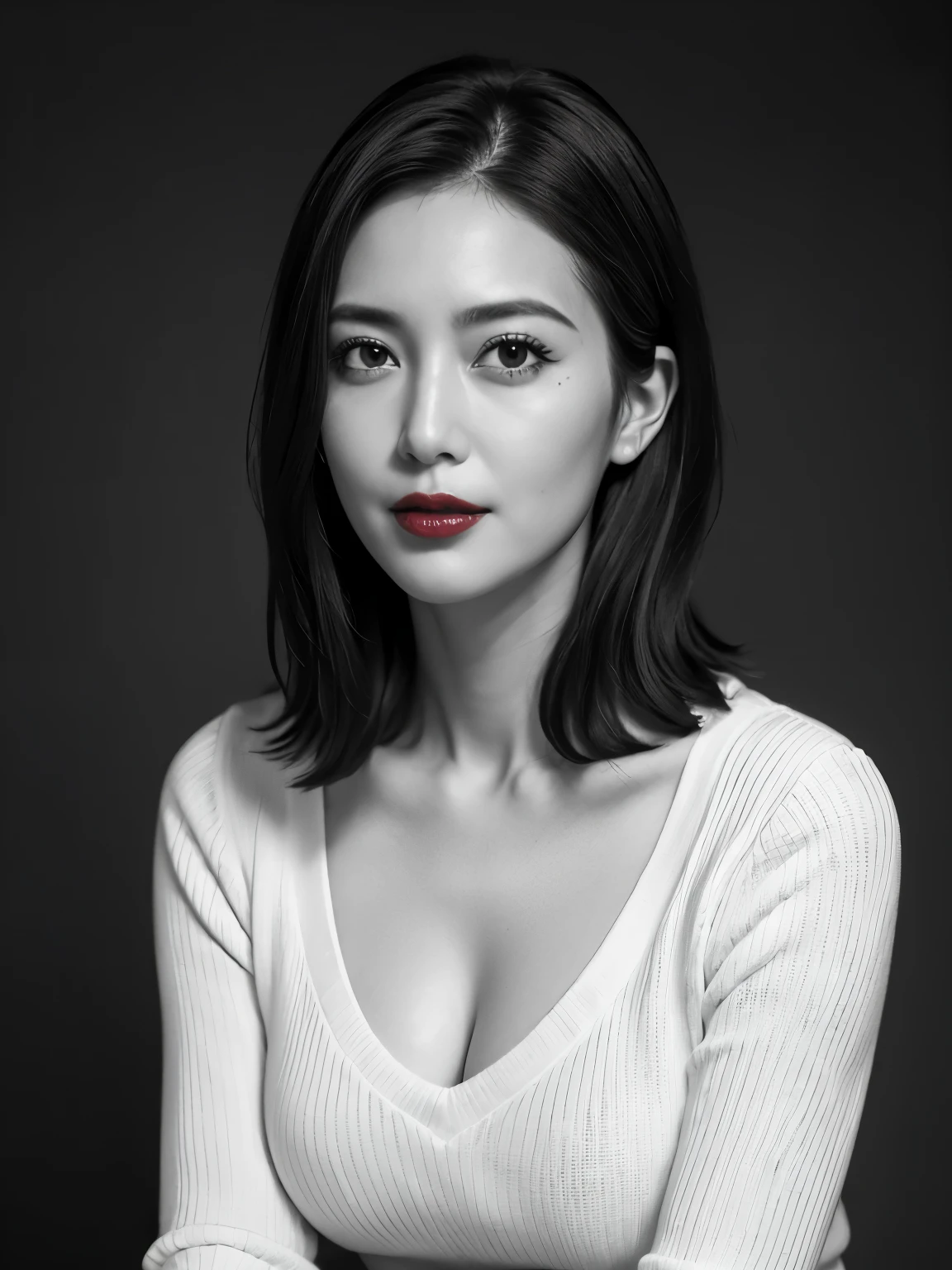 Tabletop, Highest quality, Realistic, Very detailed, finely, High resolution, 8k wallpaper, RAW Photos, Professional, High level of detail, 1 Girl, ((((Black and white photography)))), (((Red lips))), ((Looking into the camera)), (((Look forward))), Upper Body, Bob Hair, (Straight hair), Shapely breasts, Cleavage, V-neck light knit sweater