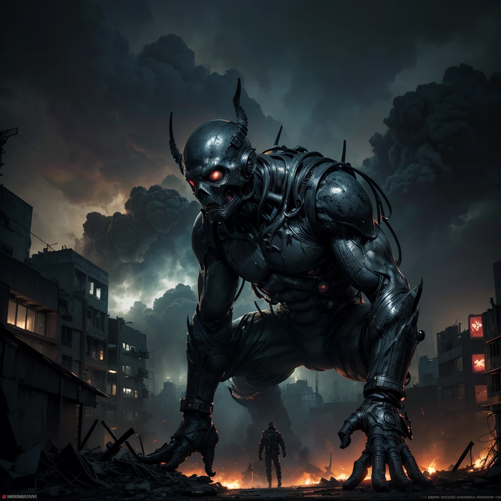 A mysterious figure, mutant due to radiation, in the background a destroyed city, the atmosphere is disturbing and sinister